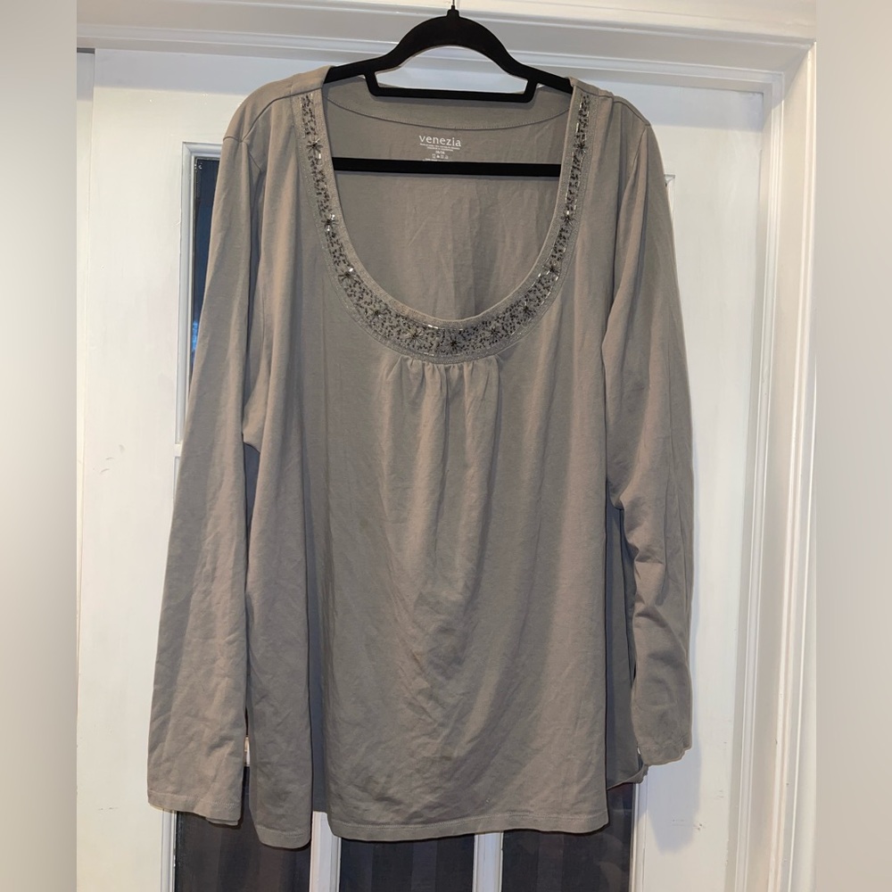 Venezia Gray Long Sleeve Top with beaded neckline shirt blouse 26/28